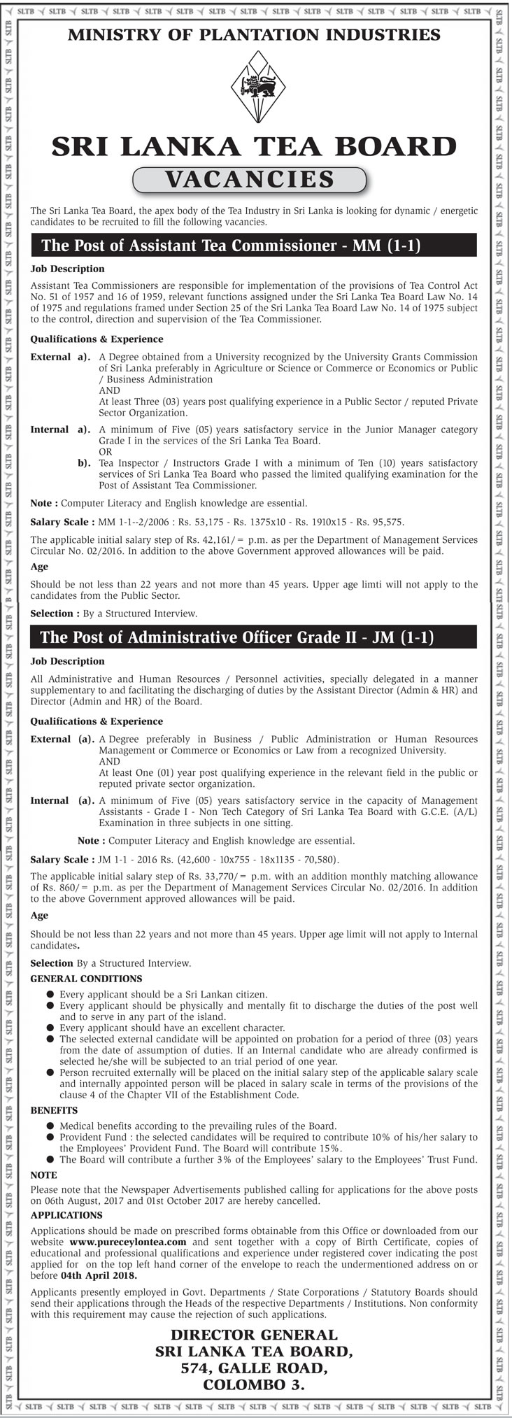 Assistant Tea Commissioner, Administrative Officer - Sri Lanka Tea Board